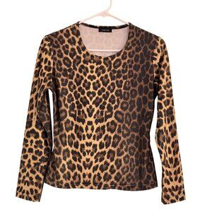 Vintage Carling Womens Brown Animal Print Crew Neck Long Sleeve Sweater Size L